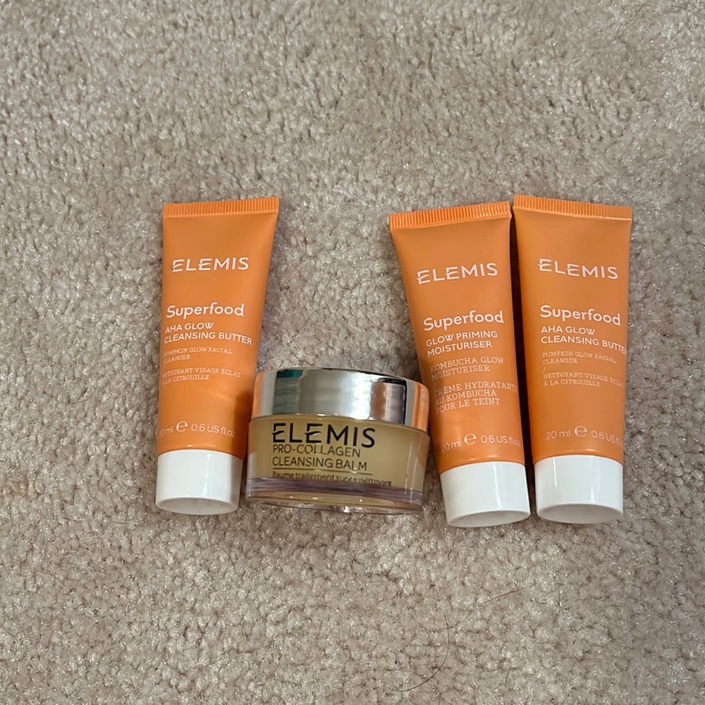 ELEMIS 4 Pc Set Superfood AHA Glow Priming Moisturizer Cleansing Butter & Balm